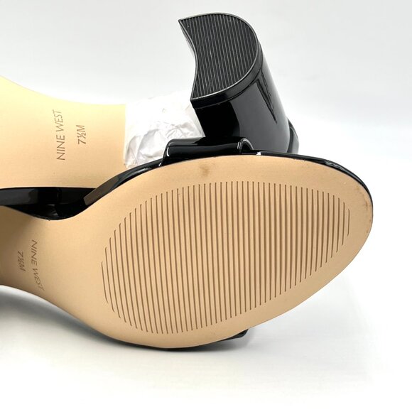 Nine West Womens 7.5M‎ Pruce Black Patent Open Toe Block Heels Sandals Shoes - Picture 10 of 12